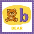 Letter b lowercase cute children colorful zoo and animals ABC alphabet tracing flashcard. Learning card for kids. English Vocabula